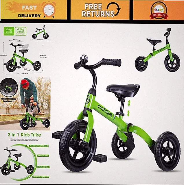 3-in-1 Toddler Tricycle for Ages 2-5, Folding Balance Bike, Adjustable Seat, Rid