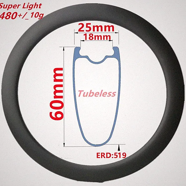 700c Tubeless/Clincher Carbon Fiber Rim for Road Cycle 25*60mm UD/3K 16-36 Holes