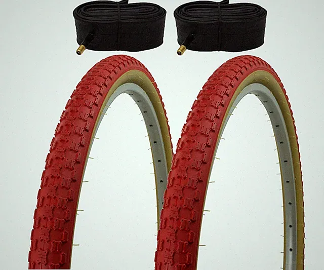 PAIR OF BICYCLE PRO+ BMX TIRES W/TUBES IN 24 X 1.75 COMP III TREAD RED GUM