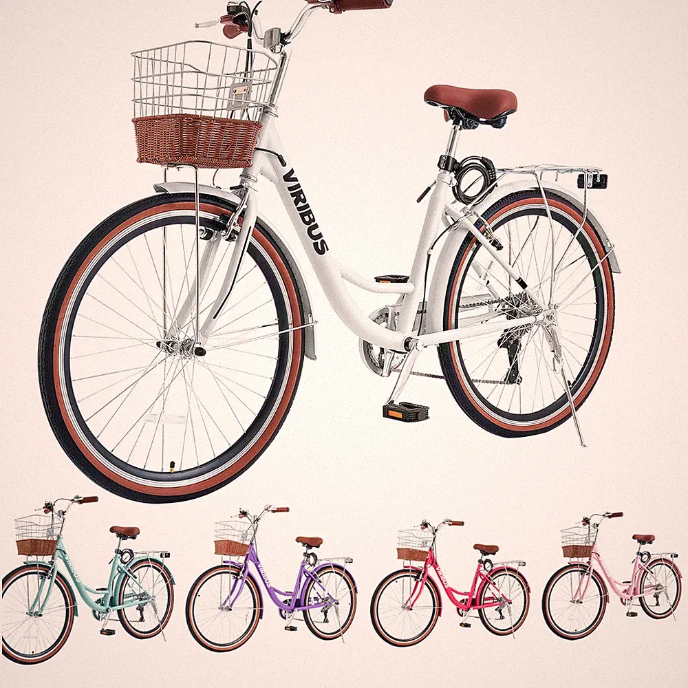 VIRIBUS Women's Bike 24/26 Inch Beach & City Cruiser Bicycle with 7 Speed Mint